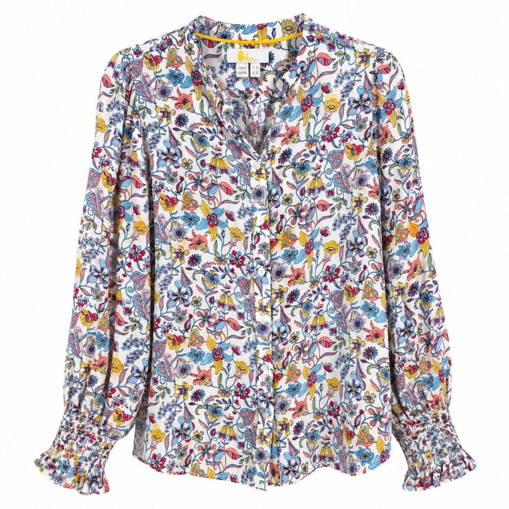 Boden Floral Blouse Womens 10 100% Silk Smocked Cuff Long Sleeve Boho Soft